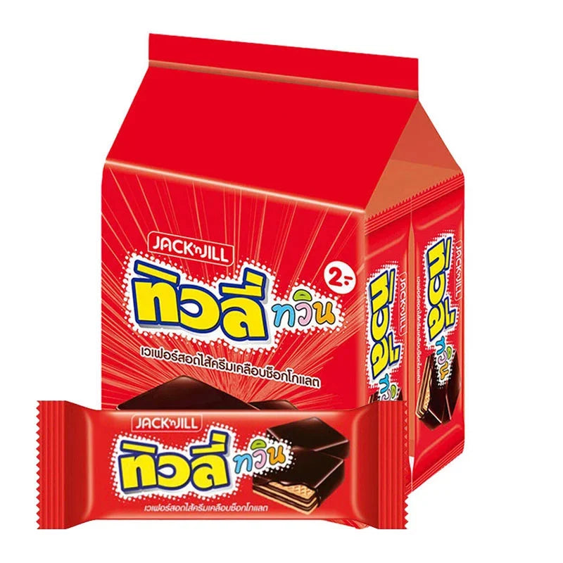 Tivoli Twin Wafer Chocolate snacks, 10g each, in a pack of 24, featuring crispy wafer layers coated in chocolate.