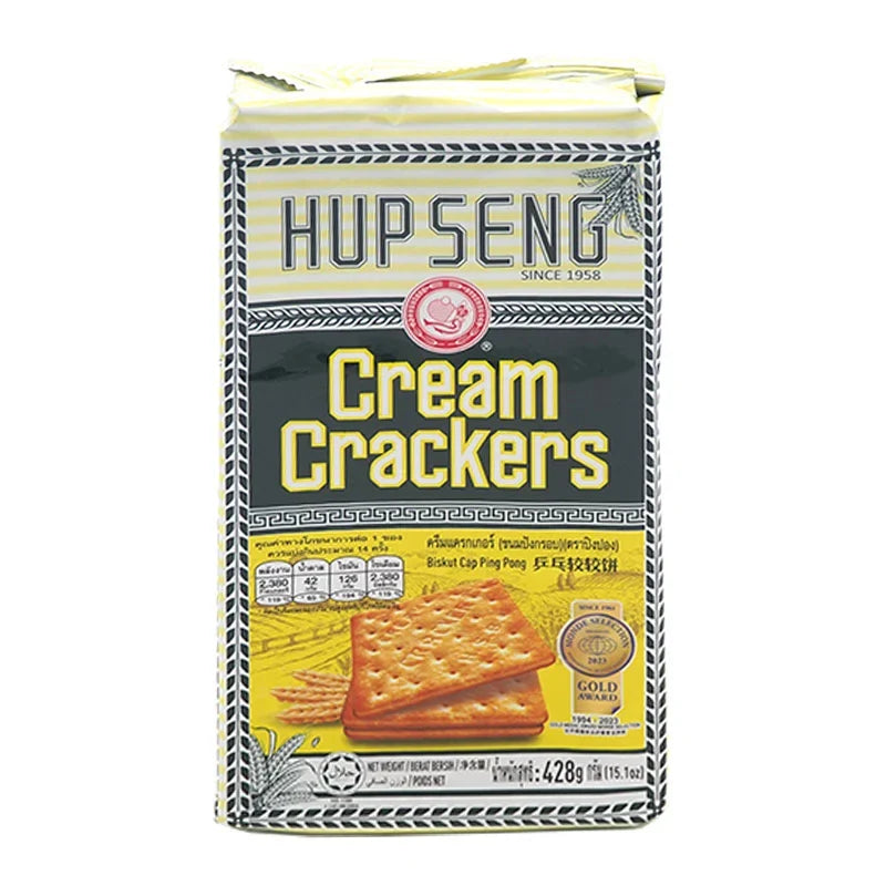 HUP Seng Cream Cracker 428g box, dry grocery snack with crispy, golden cream-filled crackers.