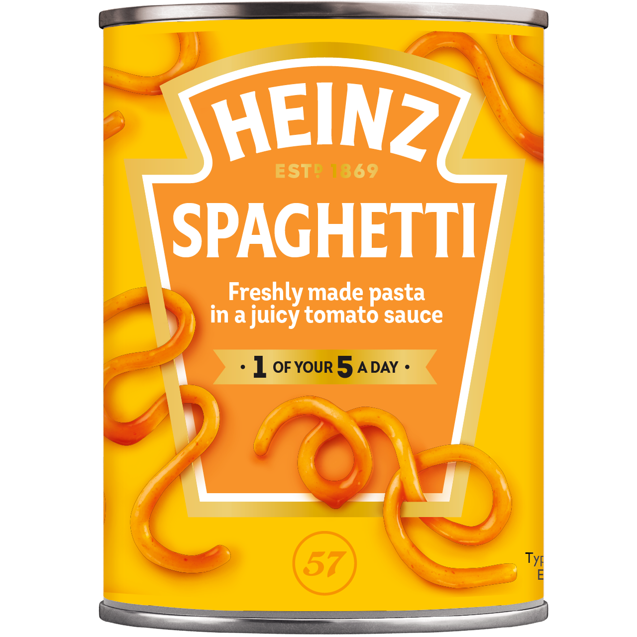 Heinz Spaghetti in classic tomato sauce in a bowl, ready to serve, showcasing the canned product with label visible.