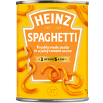 Heinz Spaghetti in classic tomato sauce in a bowl, ready to serve, showcasing the canned product with label visible.