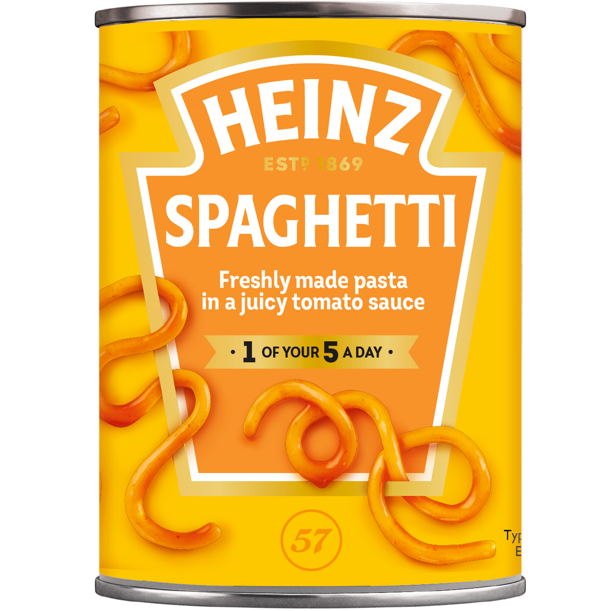 Heinz Spaghetti in classic tomato sauce in a bowl, ready to serve, showcasing the canned product with label visible.
