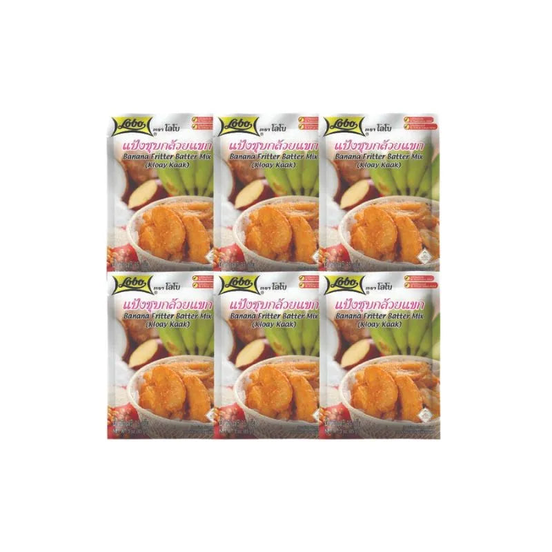 Lobo Banana Dip Flour 85g package, dry grocery product with yellow and brown packaging, suitable for baking and cooking.