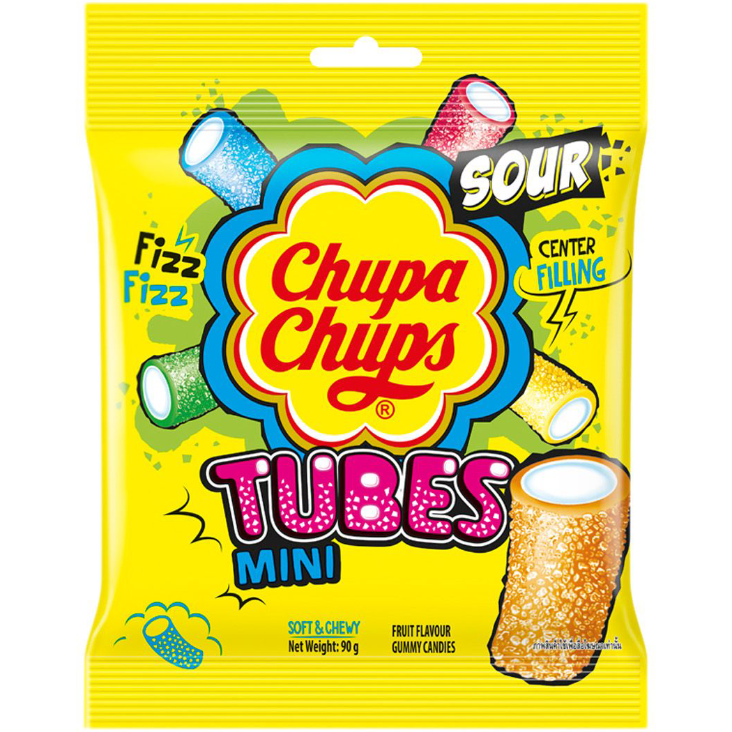Chupa Chups Sour Bites confectionery snacks in colorful packaging, featuring bright, tangy candy bites.