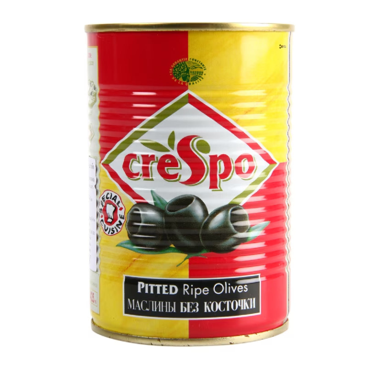Crespo pitted black olives in a tin, close-up view showing shiny, dark olives ready for culinary use or snacking.