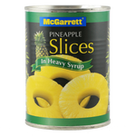 Canned McGarrett Pineapple slices in syrup, bright yellow fruit in a clear can, perfect for baking and snacking