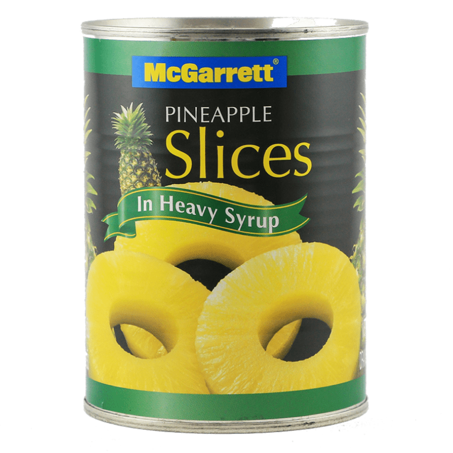 Canned McGarrett Pineapple slices in syrup, bright yellow fruit in a clear can, perfect for baking and snacking