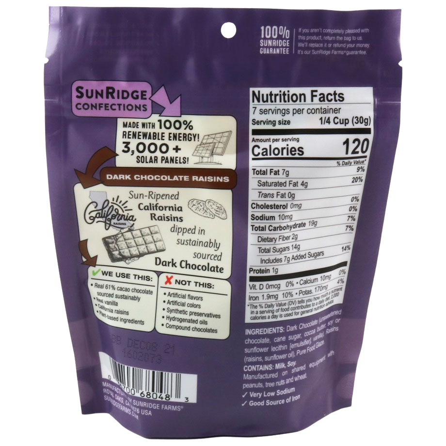 Sunridge Farms dark chocolate raisins in a clear bowl, showcasing glossy raisins coated with rich dark chocolate.