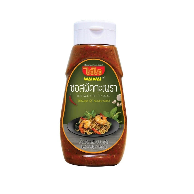 Waiwai Basil Stir-Fry Sauce 320g in jar, ready for cooking, with fresh basil and Asian ingredients in a dry grocery product.