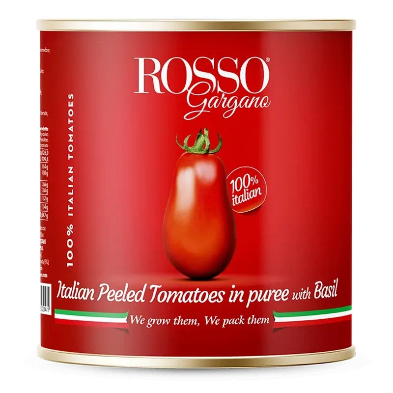 Canned Rosso Whole Peeled Tomatoes in 2.55kg bag, dry grocery product, showing ripe peeled tomatoes ready for cooking