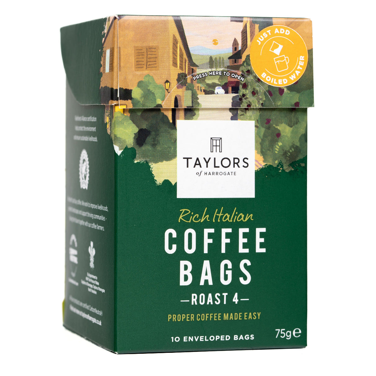 Taylors Rich Italian Roasted Coffee drink in a clear glass cup with a dark, aromatic coffee beverage and frothy top.