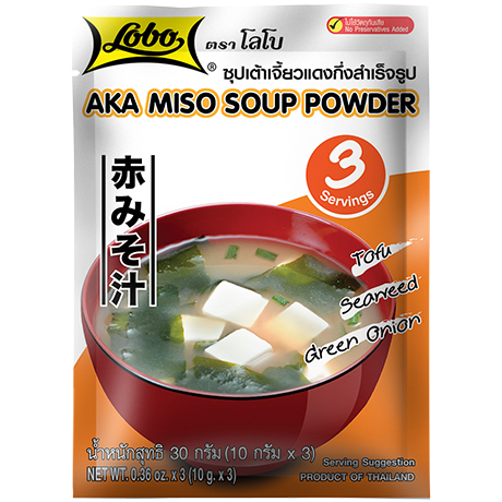 Lobo Aka Miso Soup package from grocery aisle, featuring traditional Japanese miso soup with red miso paste and ingredients.
