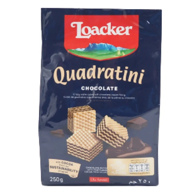 Loacker Wafer Chocolate 250g box with multiple chocolate-filled wafer layers, displayed on a neutral background.