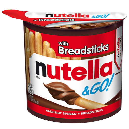 Nutella & Go! hazelnut spread with breadsticks in a convenient snack pack, featuring Nutella brand packaging and ingredients.