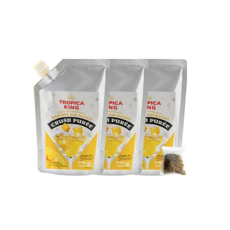 Tropica King coarsely pureed fruit puree in a jar, concentrated formula for cooking and baking uses, dry grocery product.