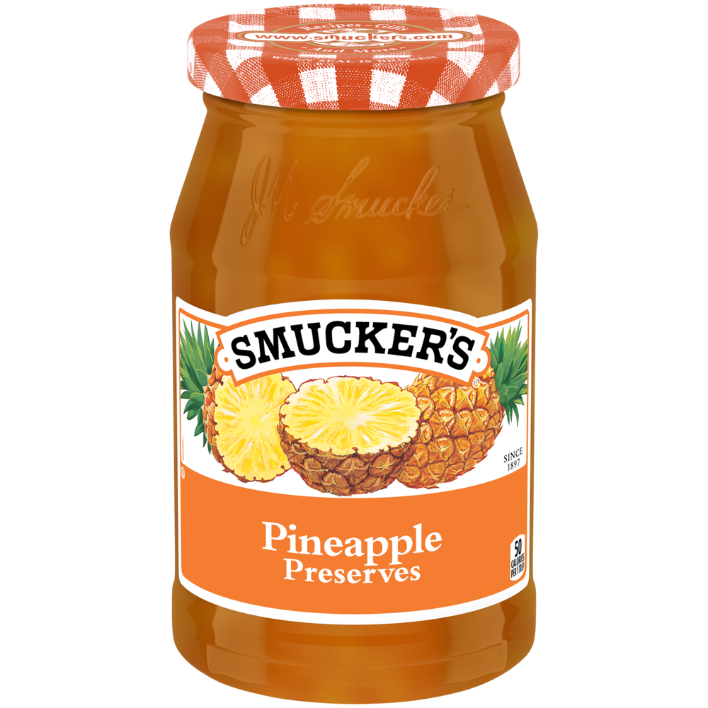Jar of Smucker's Pineapple Preserves with golden pineapple chunks in sweet preserve spread, ideal for breakfast or snacks.
