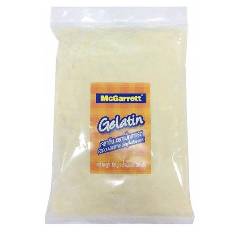 Mcgarrett Gelatine Powder 500g in a clear container, showing the dry, granular gelatine suitable for cooking and baking.