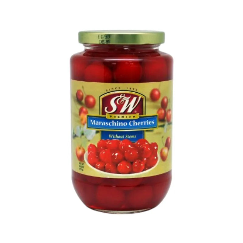 S&W Red Maraschino Cherries in a 751g package, glossy bright red cherries for baking and garnishing desserts.