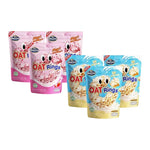 Nezline Oat Rings Snacks in milk flavor, 60g, showcasing crunchy oat rings in a clear bowl with a glass of milk.