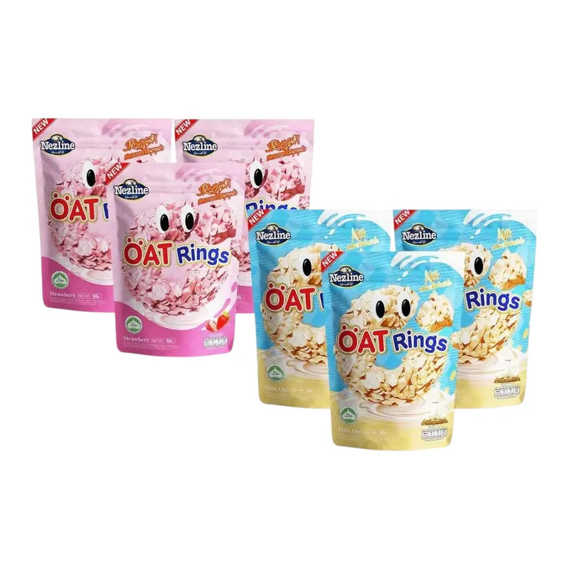 Nezline Oat Rings Snacks in milk flavor, 60g, showcasing crunchy oat rings in a clear bowl with a glass of milk.
