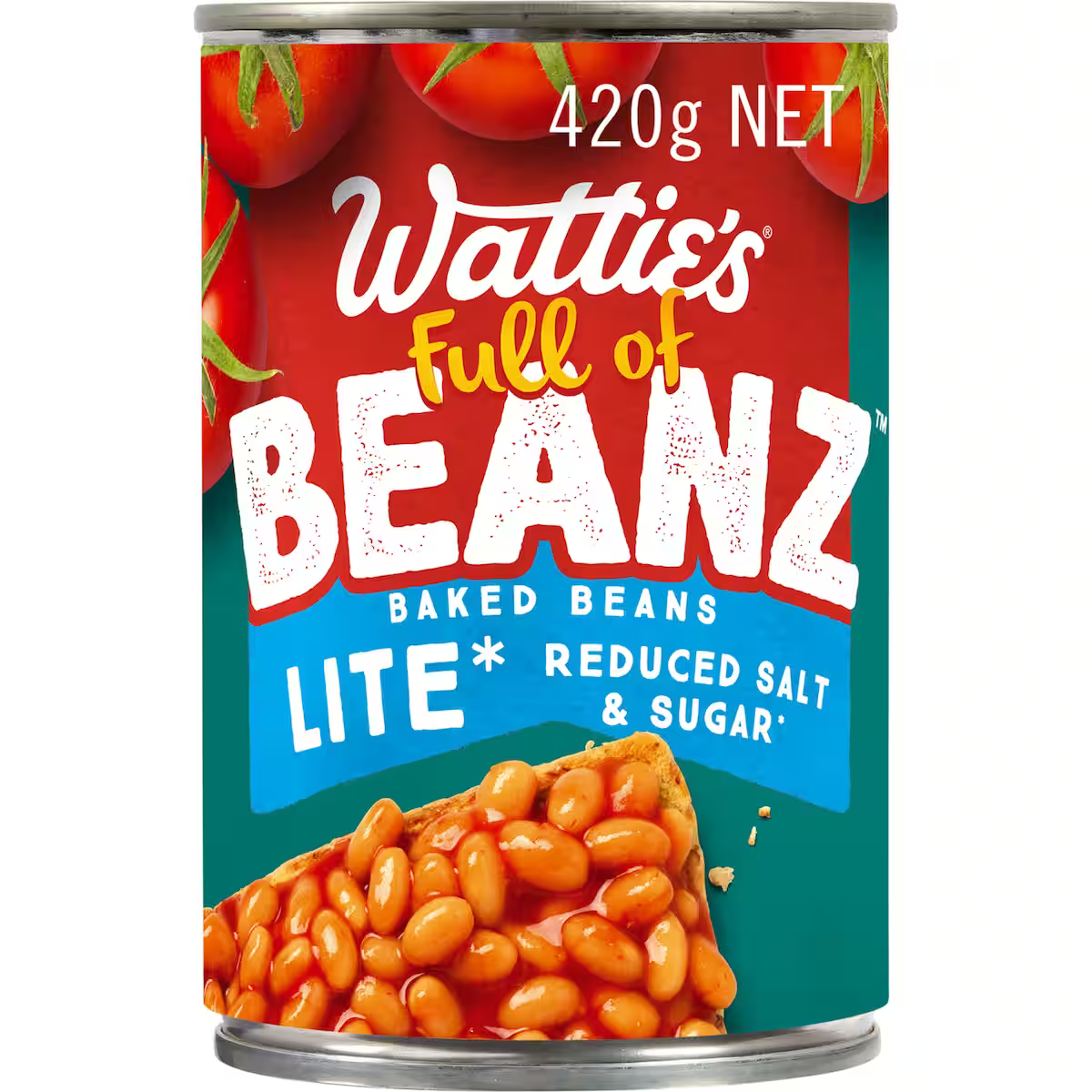 Cans of Wattie's Baked Beans Lite in a grocery store display, showing the product label and packaging design.