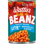 Cans of Wattie's Baked Beans Lite in a grocery store display, showing the product label and packaging design.