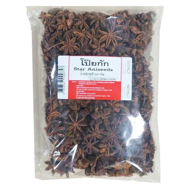 Makro Star Anise in 500g package, dry grocery spice with star-shaped brown seed pods, used for cooking and flavoring dishes