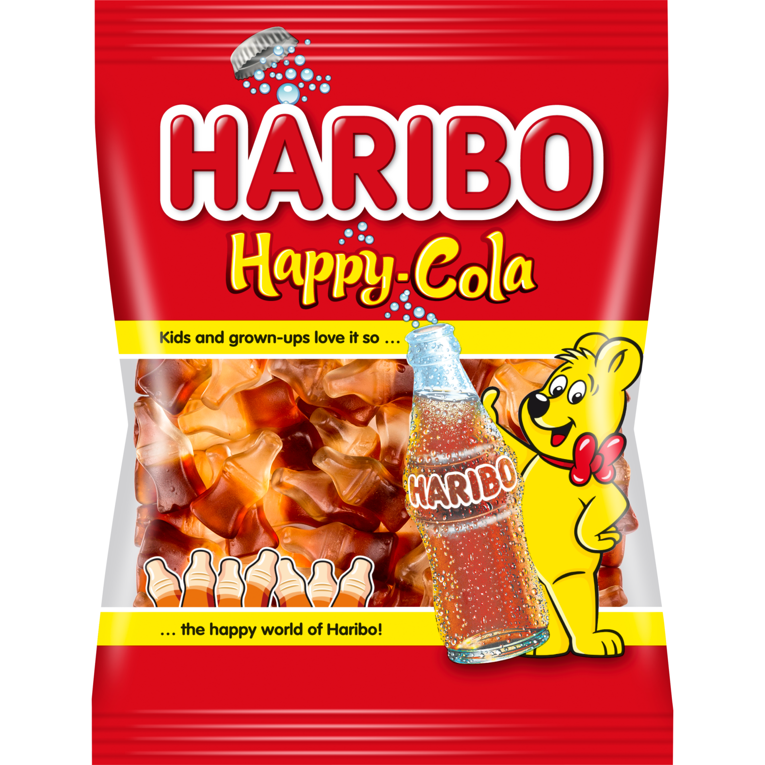 Haribo Jelly Happy Cola confectionery snacks featuring colorful cola-shaped gummy candies on a white background.