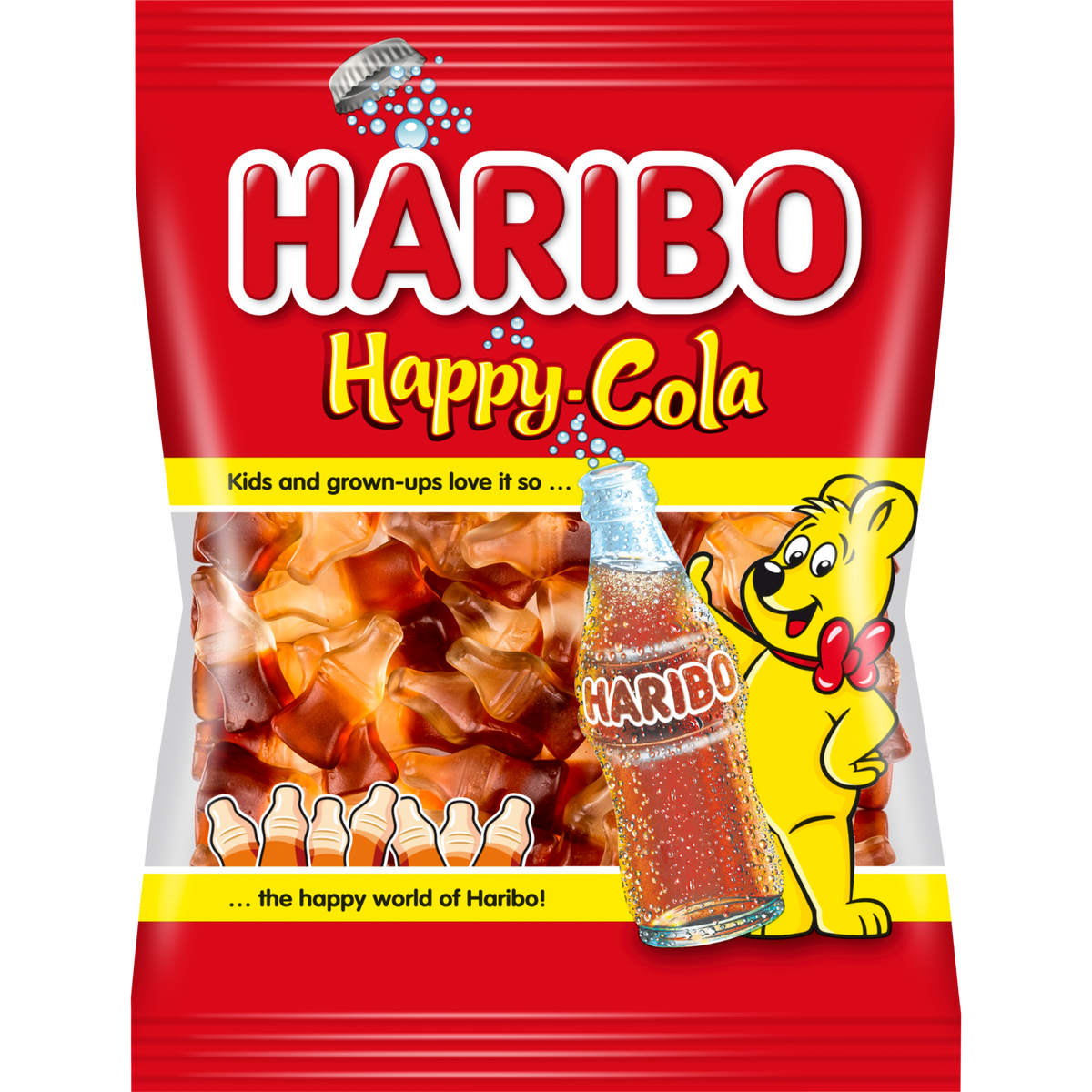 Haribo Jelly Happy Cola confectionery snacks featuring colorful cola-shaped gummy candies on a white background.