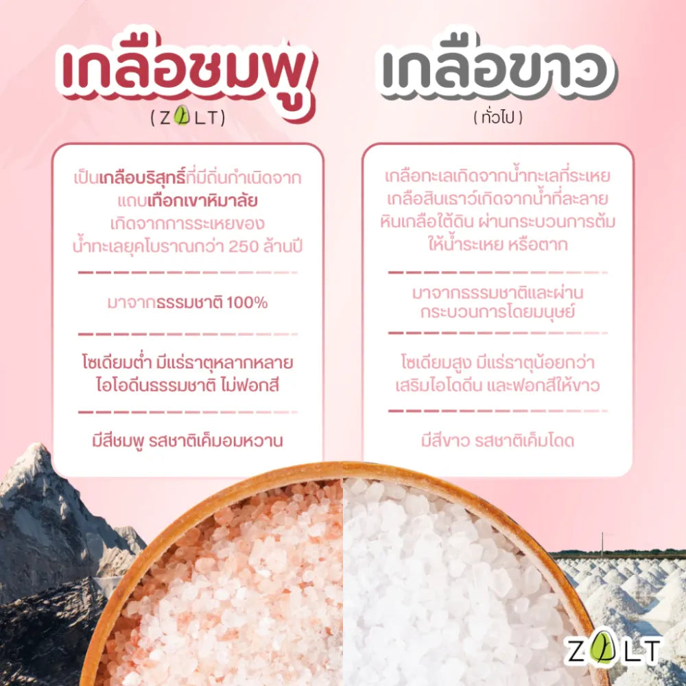 Zalt Himalayan Pink Salt with certification, shown in a clear image of pink salt crystals in a dry grocery context
