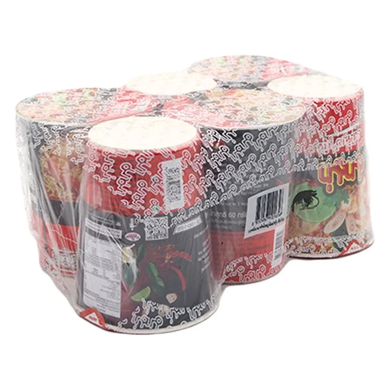 Mama Cup Instant Noodles Tom Yum Kung flavor, 60g x6 packs, dry grocery product with spicy Thai seafood flavor.