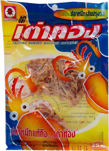Shredded cuttlefish snack by Taothong, a popular seafood confectionery with dried, shredded seafood pieces for snacking.