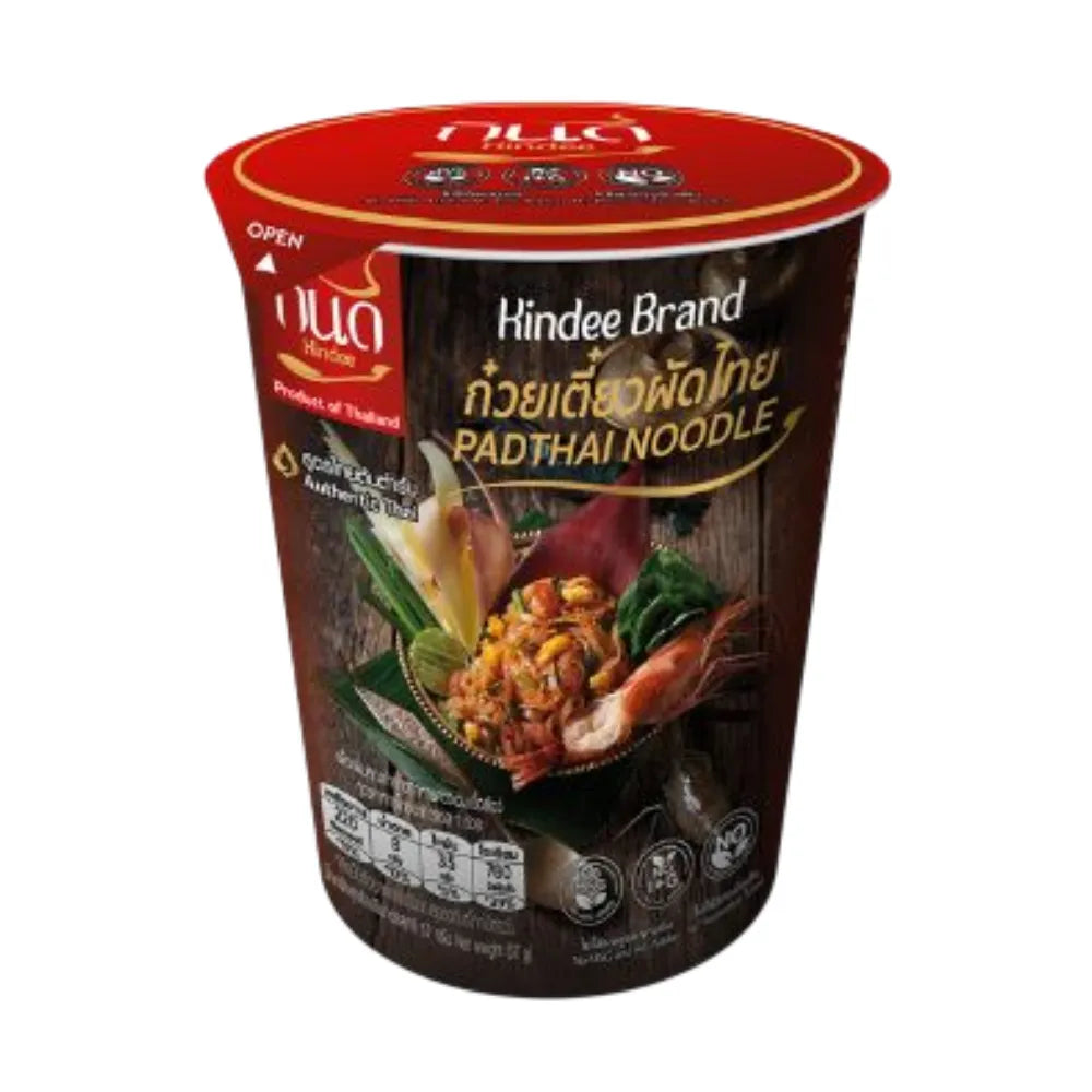 Pack of 12 Kindee Pad Thai Cup 58g dry grocery noodles in a clear plastic cup with noodles and sauce visible inside.
