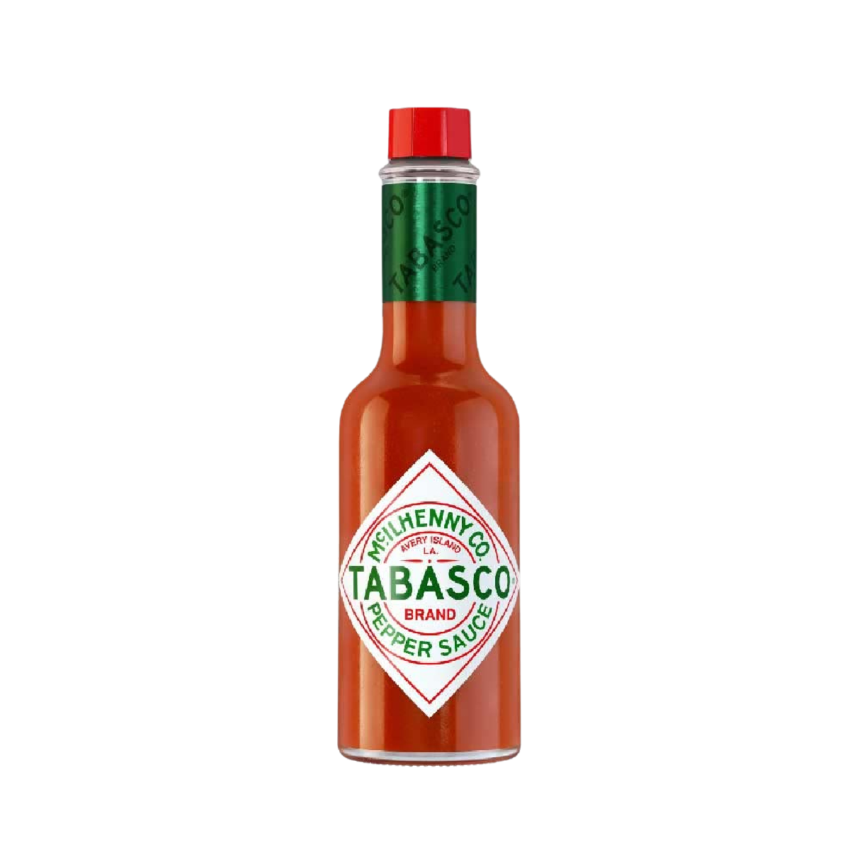 Bottle of Tabasco Sauce with a red cap and label, showcasing the iconic hot sauce brand in a grocery setting.