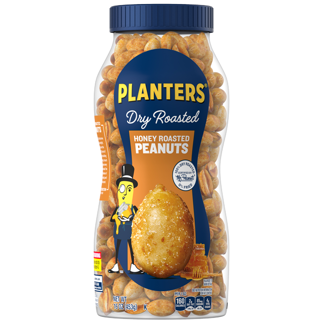 Planters Dry Honey Roasted Peanuts in a bowl, showing golden, crunchy peanuts coated with honey for a sweet snack.