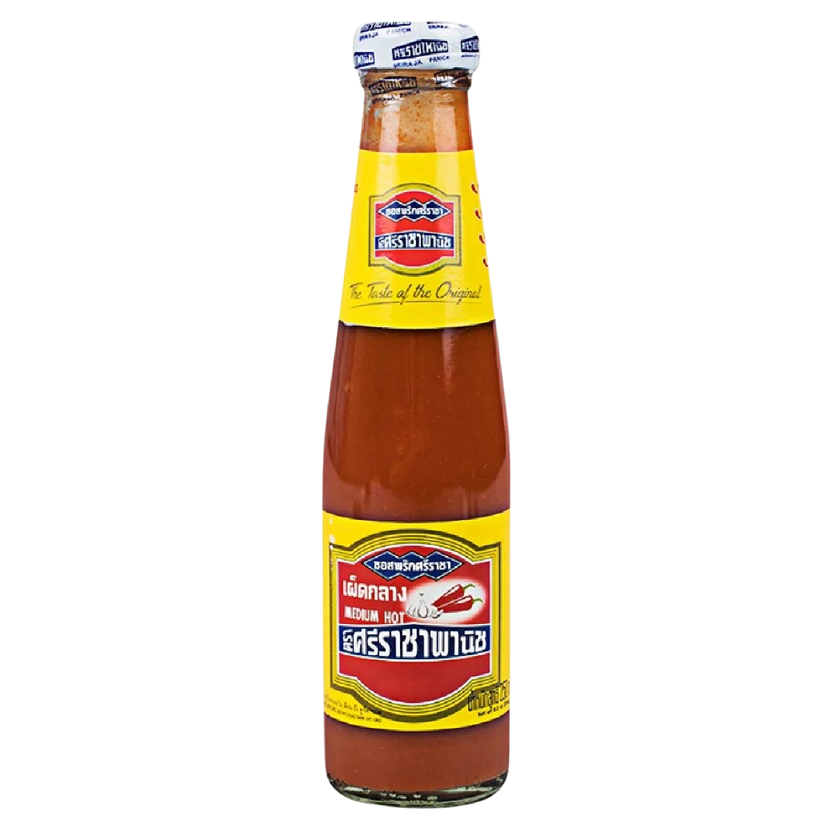 Sriracha Red Chilli Sauce bottle from Sriracha brand, featuring vibrant red chili sauce in a clear glass bottle with a green cap.