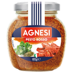 Jar of Agnesi Red Pesto Sauce with basil and tomatoes, showcasing the vibrant red color and fresh ingredients.