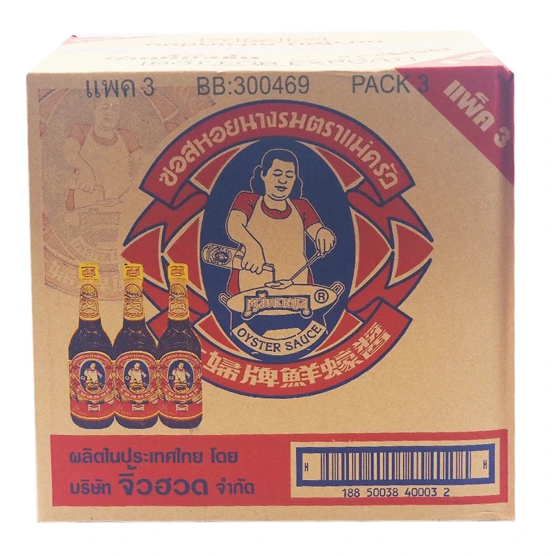 Maekrua Oyster Sauce 600ml bottle, popular dry grocery item, with a dark brown sauce in a clear plastic bottle.