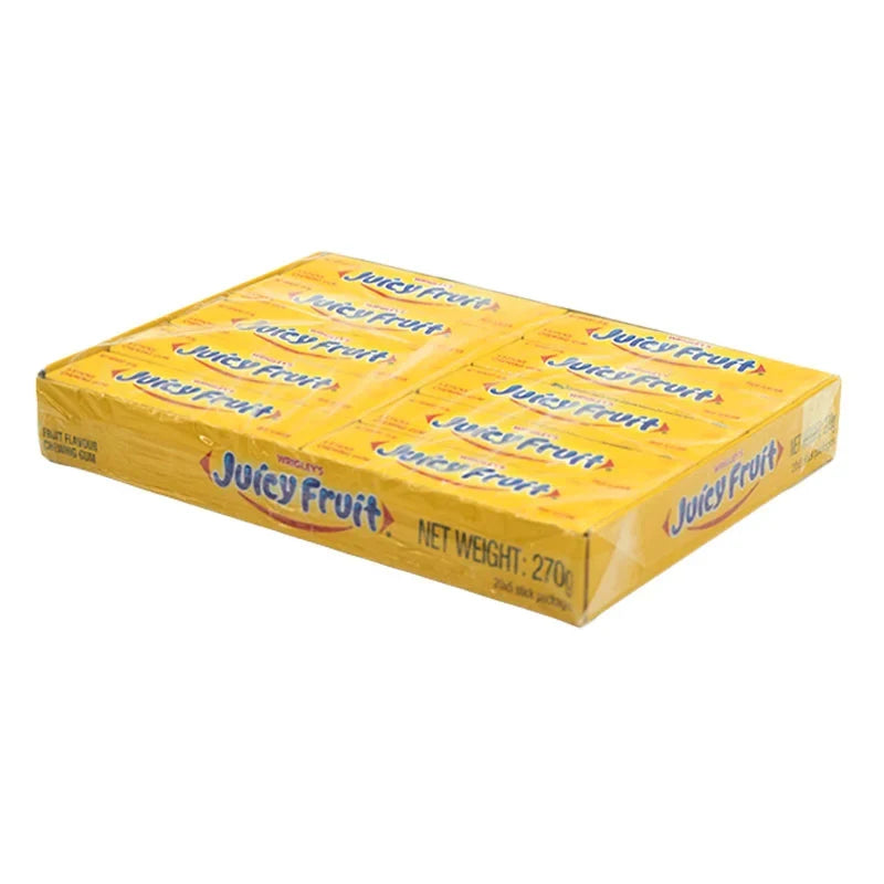 Wrigley's Juicyfruit gum pack with 20 pieces of 13.5g each, featuring colorful packaging and fresh fruity flavor.