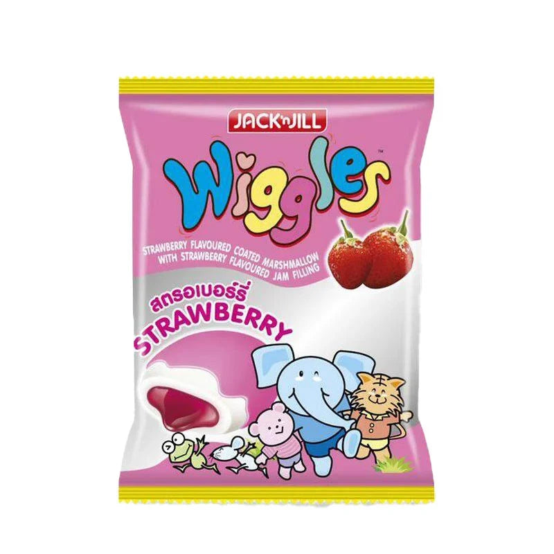 WIGGLES Wiggles Mallow Strawberry snack pack, 4.5g x24, colorful strawberry-flavored marshmallow confections in clear packaging