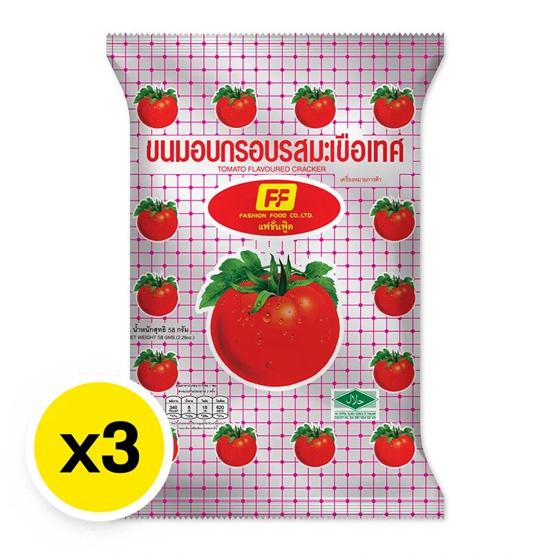 FF Cracker Snack Tomato Crispy 58g, a crunchy snack with tomato flavor in a multi-pack, shown in a vibrant packaging image.