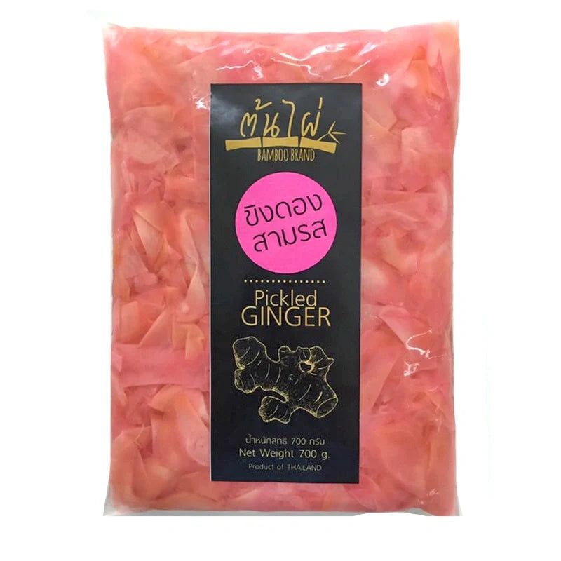 Bamboo Brand Pink Pickled Ginger in a 700g package, dry grocery product with sliced pink pickled ginger visible in the image.