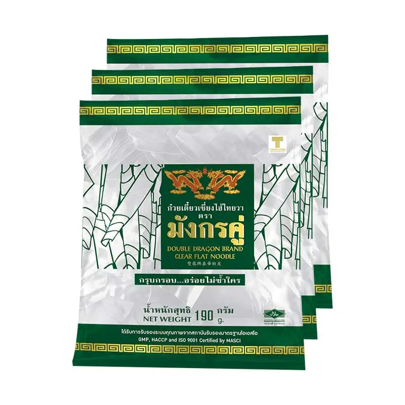 Double Dragon Clear Flat Noodle 190g pack, dry grocery product, showing three packages of the thin, transparent noodle variety