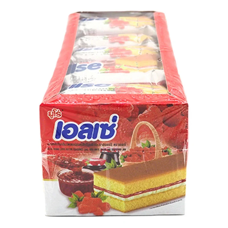 Ellse Raspberry Layer Butter Cake 15g snack pack, individually wrapped, featuring rich butter cake with raspberry flavor, 24 pieces.