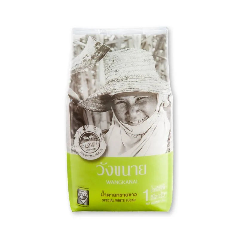 Wangkanai white sugar 1kg pack, dry grocery product with granulated white sugar in a clear bag.