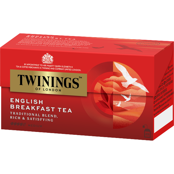 Twinings English Breakfast Tea Bags pack with 25 individual tea bags, ideal for a hearty, classic breakfast brew.