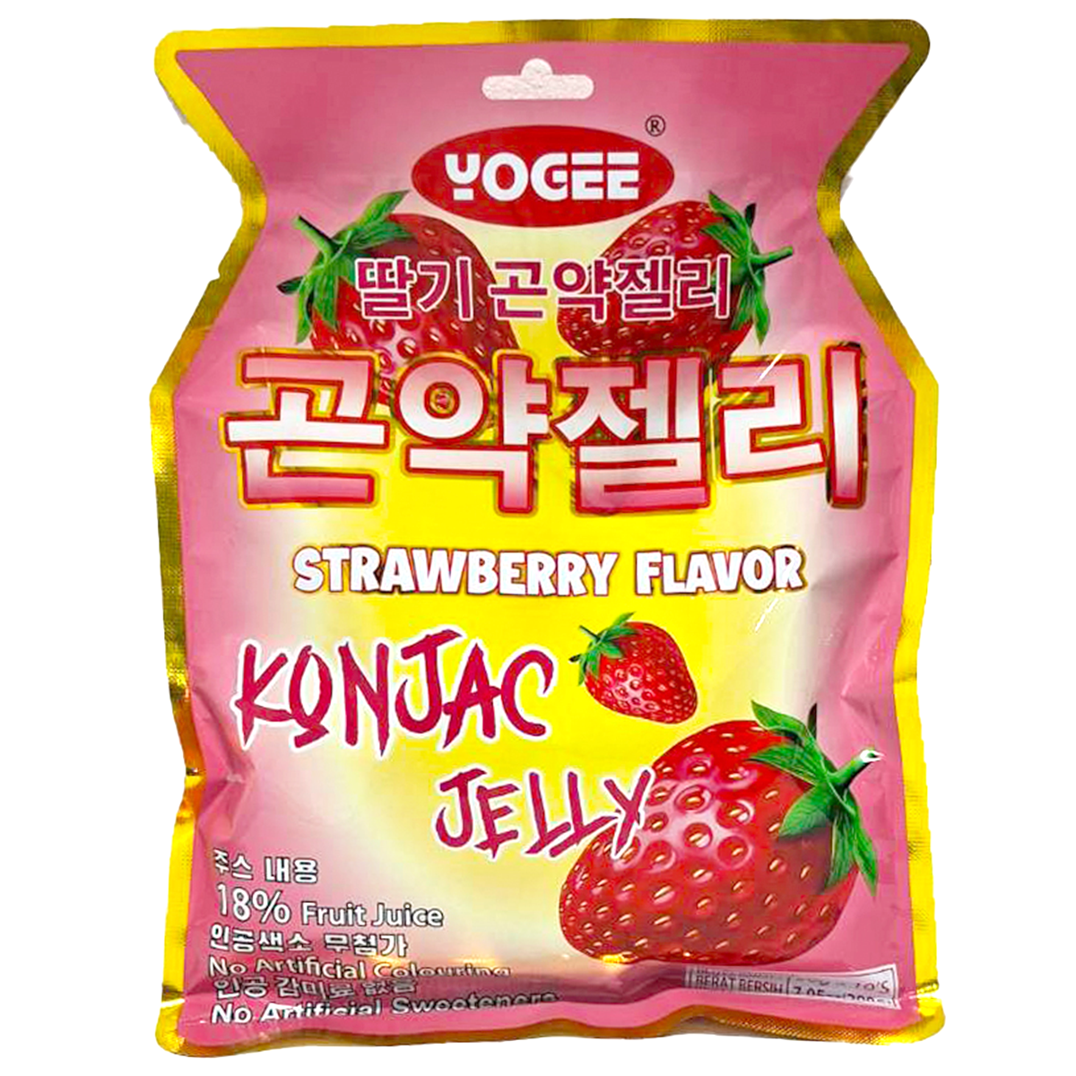 Yogee Strawberry Flavour Konjac Jelly, a colorful confectionery snack with pink and white jelly pieces in a clear container.