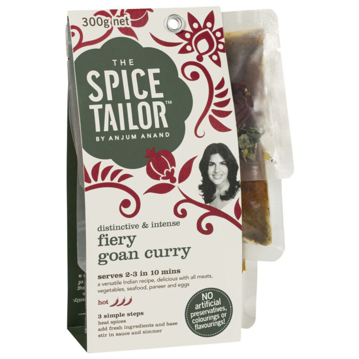 The Spice Tailor Fiery Goan Hot Curry jar, showcasing vibrant spices and ingredients, ideal for flavorful Indian-style cooking.
