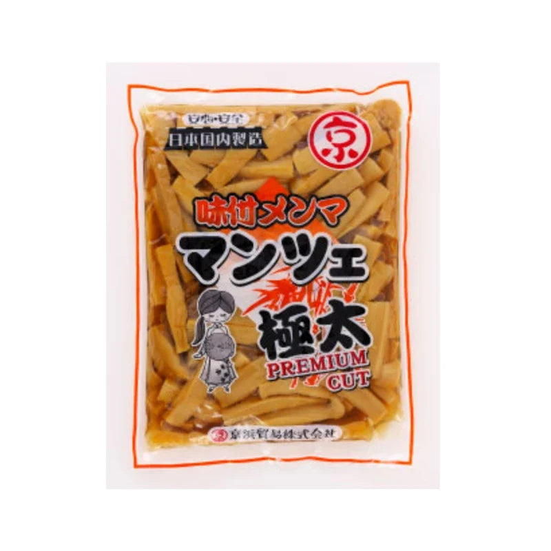 Keihin Seasoned Ajitsuke Menma bamboo shoots, thick and dried, used in Japanese cuisine, shown in a packaged dry grocery product image.