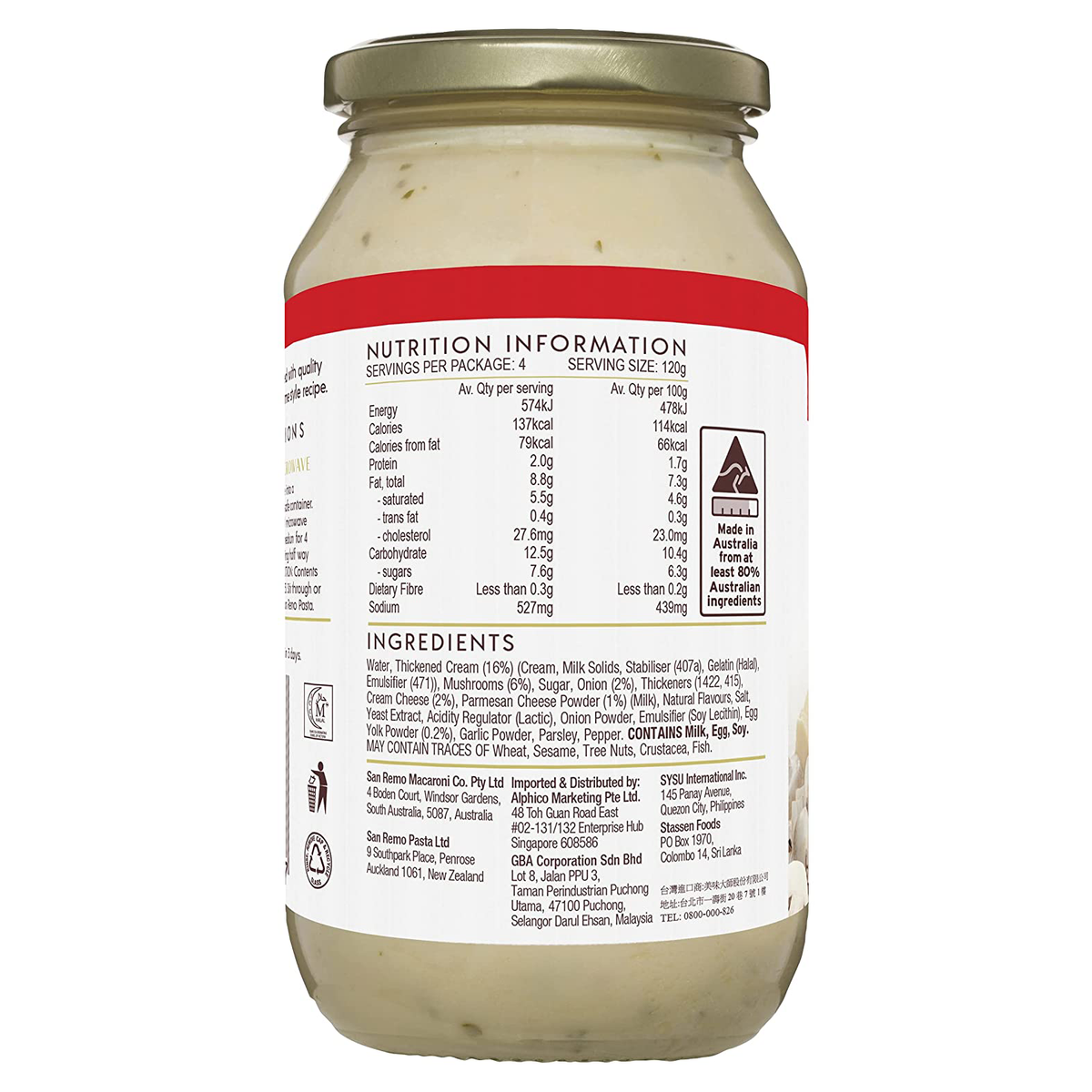 San Remo Pasta Sauce Carbonara jar showing creamy pasta sauce with herbs and ingredients for Italian-style carbonara.