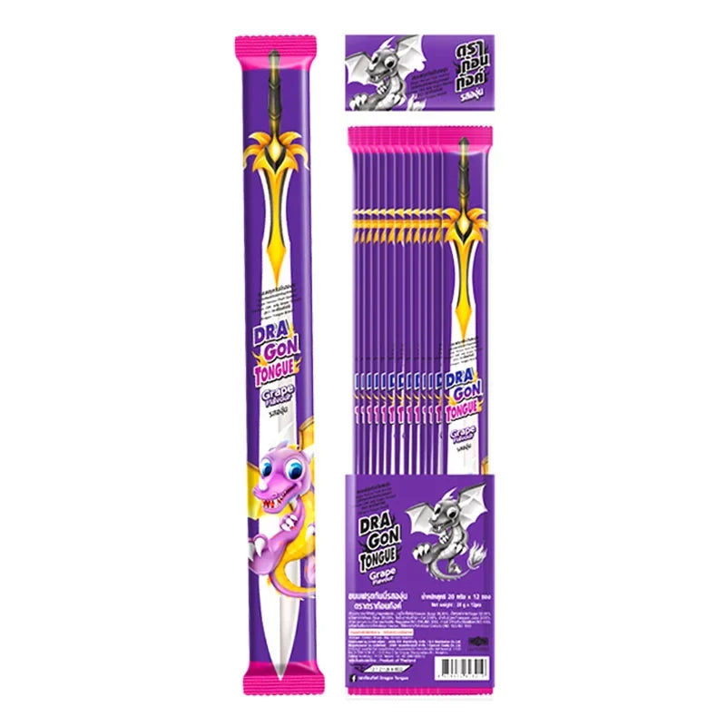 Dragon Tongue Grape dry snack from DRAGON TONGUE, 20g, showing colorful, fruit-flavored candy pieces in a clear package.